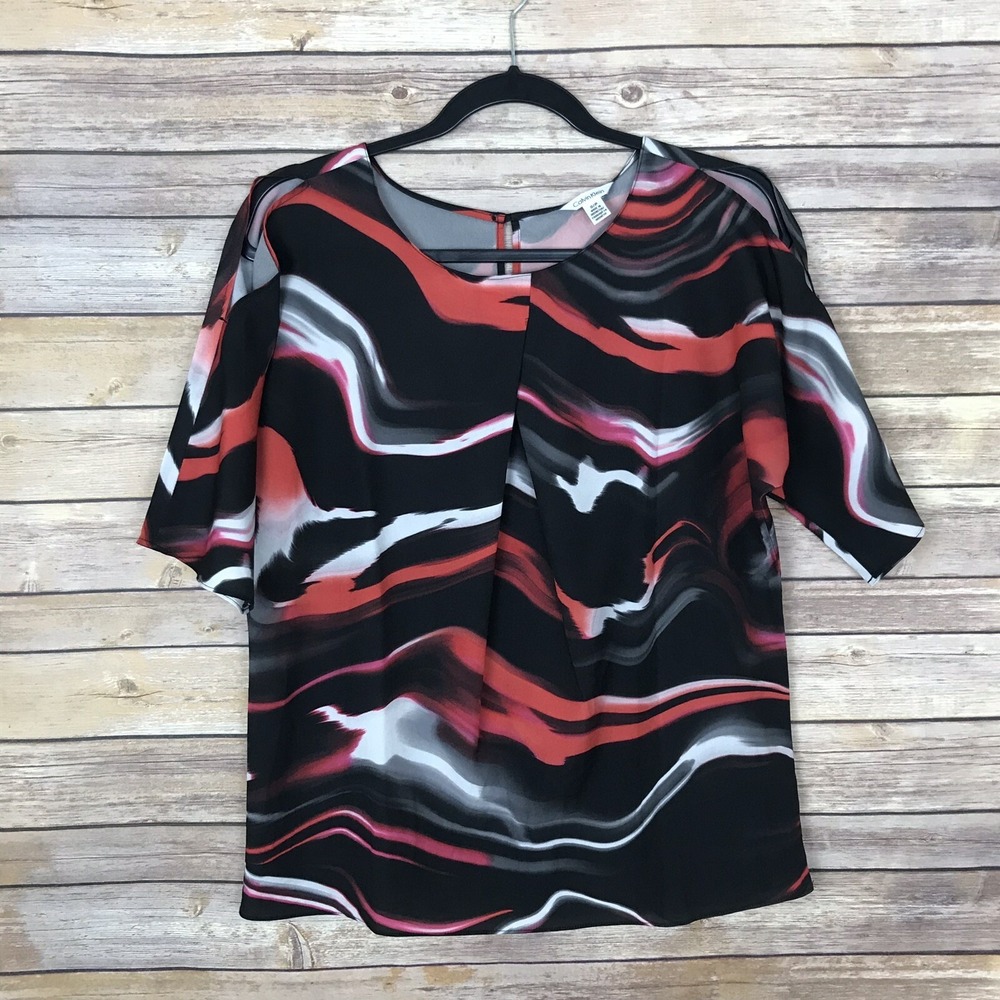 Calvin Klein Top Womens S Cold Shoulder Blouse‎ Swirl Print Short Sleeve Pleated
